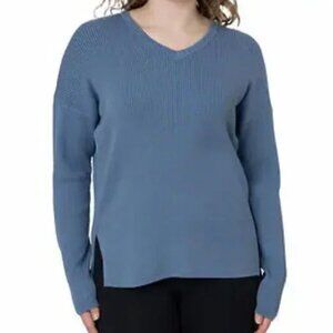 Elle Sweater Cotton Modal Blend V-neck Knit Long Sleeve Blue Women's Size L
